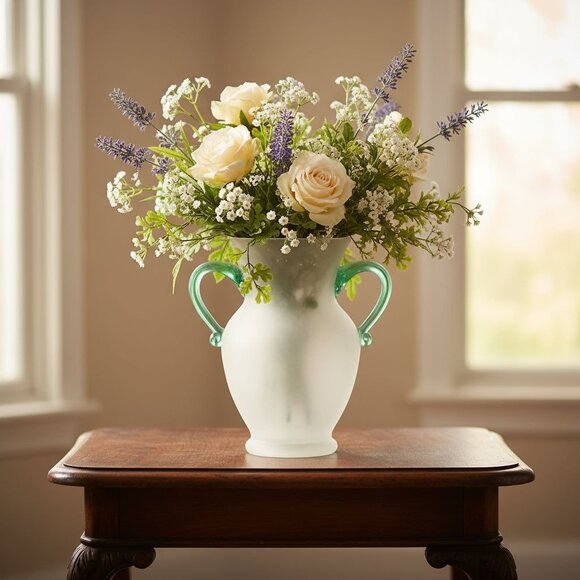 Vintage Frosted Glass Vase With Green Twisted Handles - Picture 1 of 12